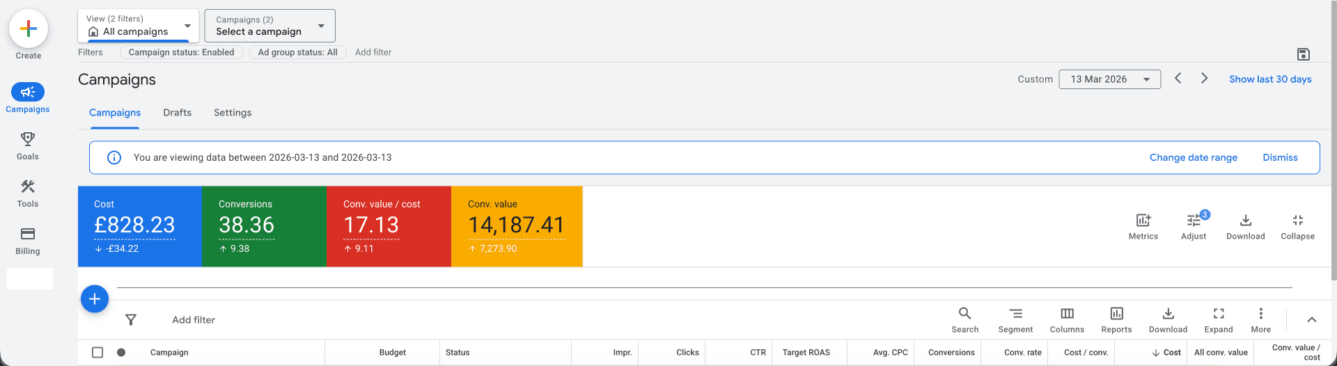 Anonymized paid Google Ads screenshot showing £828.23 cost, 38.36 conversions, £14,187.41 conversion value, and 17.13 conversion value per cost