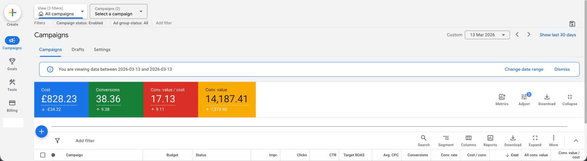 Anonymized paid Google Ads screenshot showing £828.23 cost, 38.36 conversions, £14,187.41 conversion value, and 17.13 conversion value per cost