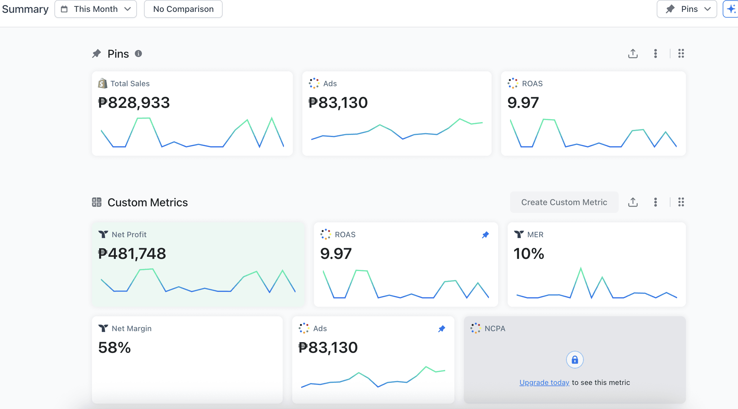 Anonymized profit dashboard showing ₱828,933 total sales, ₱83,130 ad spend, 9.97 ROAS, ₱481,748 net profit, and 58% net margin for one month