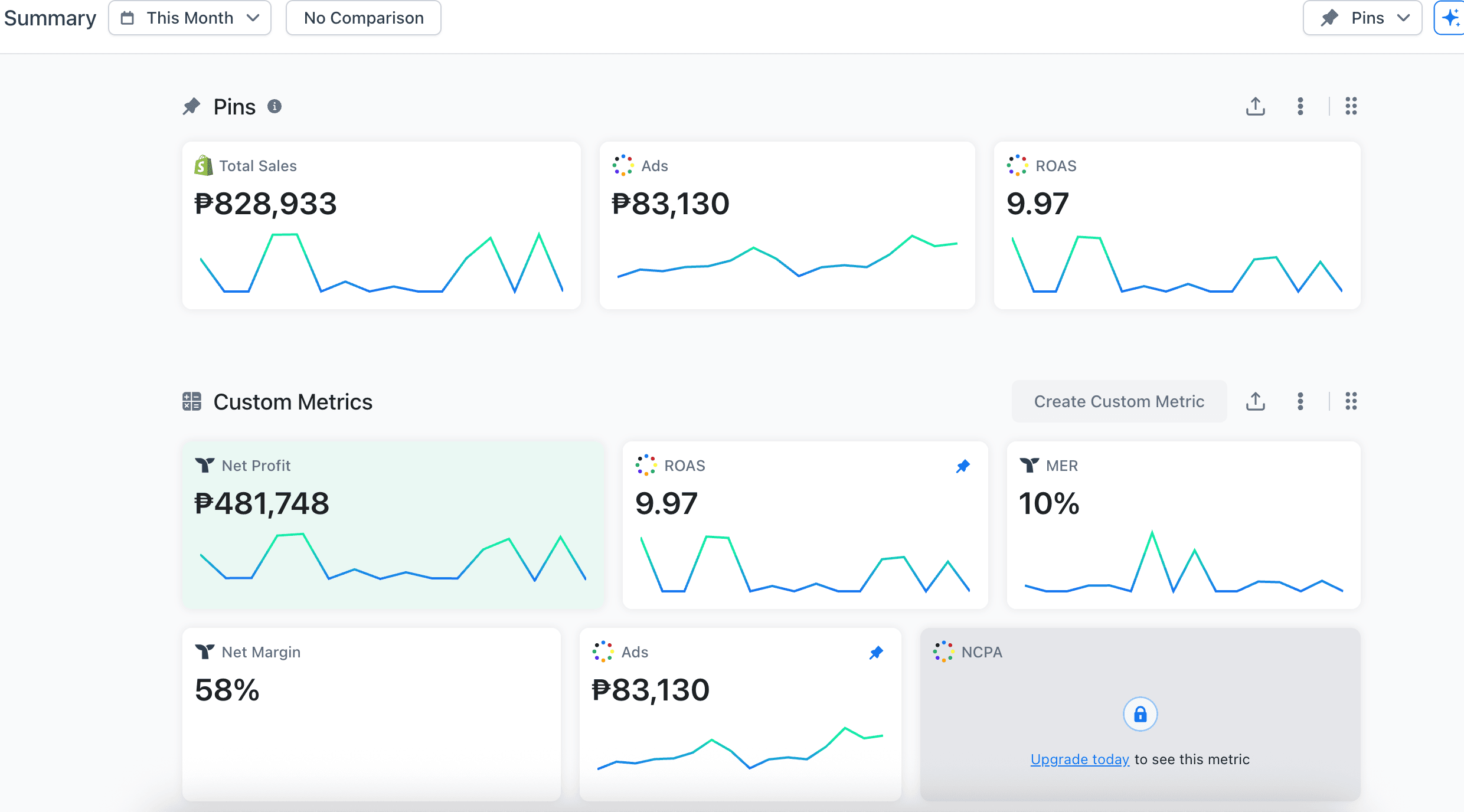 Anonymized profit dashboard showing ₱828,933 total sales, ₱83,130 ad spend, 9.97 blended ROAS, ₱481,748 net profit, and 58% net margin for one month